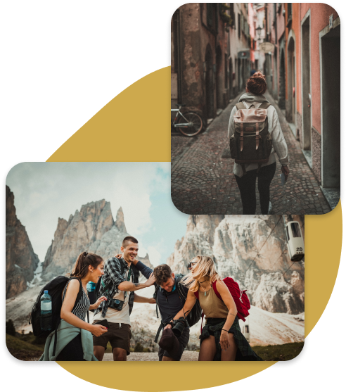 A photo of solo girl traverler and a photo of group of friends on hiking